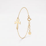 Gold ankh bracelet with a sideways Egyptian ankh cross on a dainty cable chain, ankh jewelry with spring ring clasp and extender