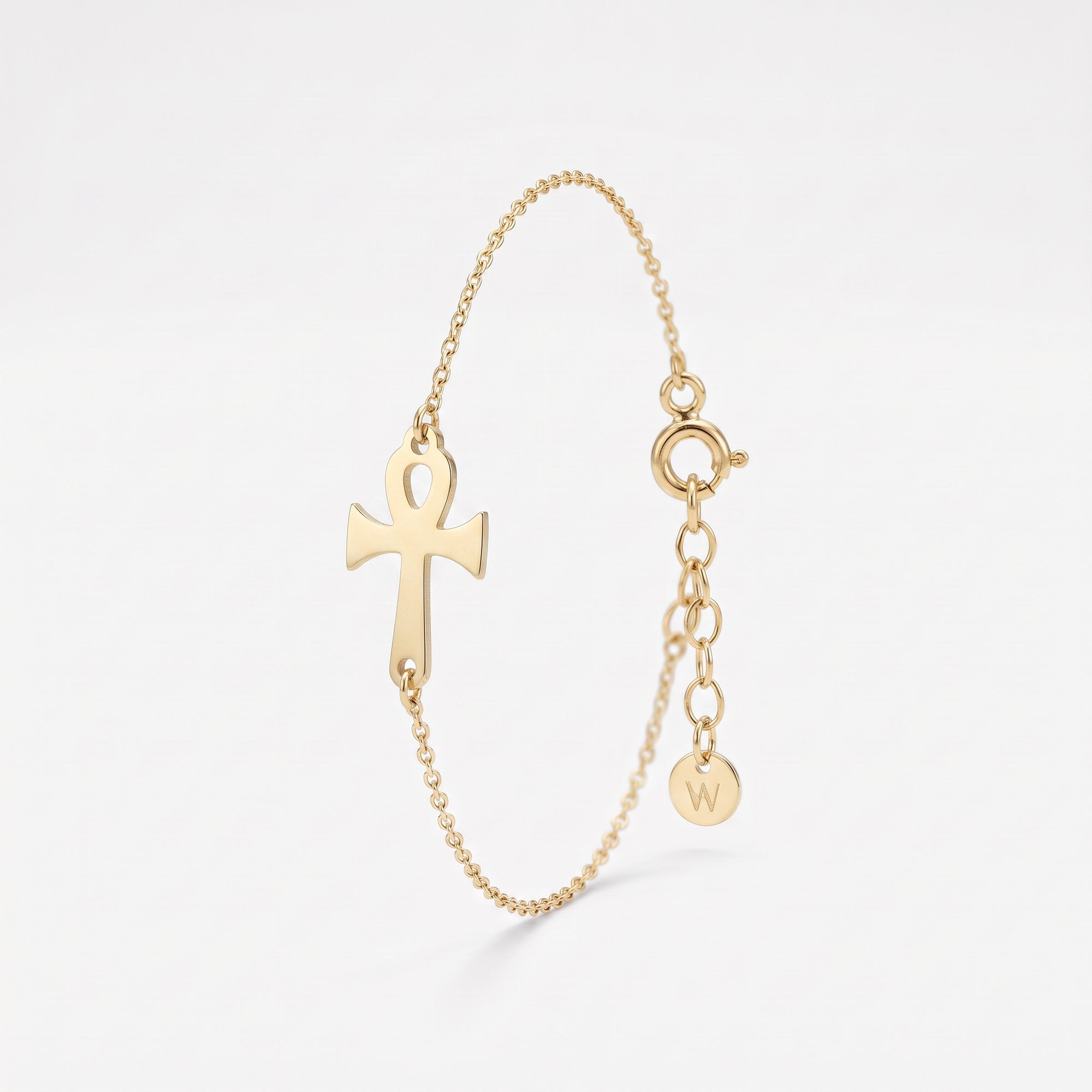 Gold ankh bracelet with a sideways Egyptian ankh cross on a dainty cable chain, ankh jewelry with spring ring clasp and extender