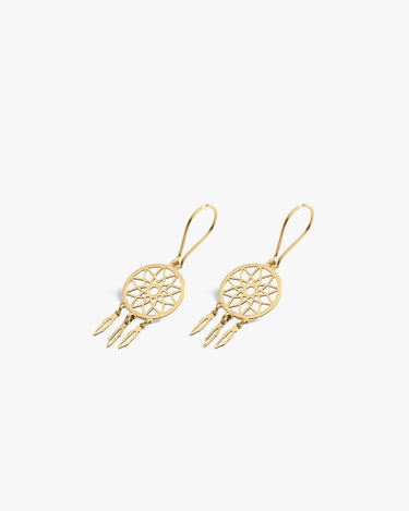 Dreamcatcher Dangle Earrings | 14K Solid Gold - Mionza Jewelry-14K gold earrings, 14K Solid Gold, dangle earrings, dangle hoop earrings, dreamcatcher, earlobe earrings, gold boho earrings, gold dreamcatcher, gold hoop earrings, huggie hoop earrings, leverback earrings, medallion earrings, minimalist earrings