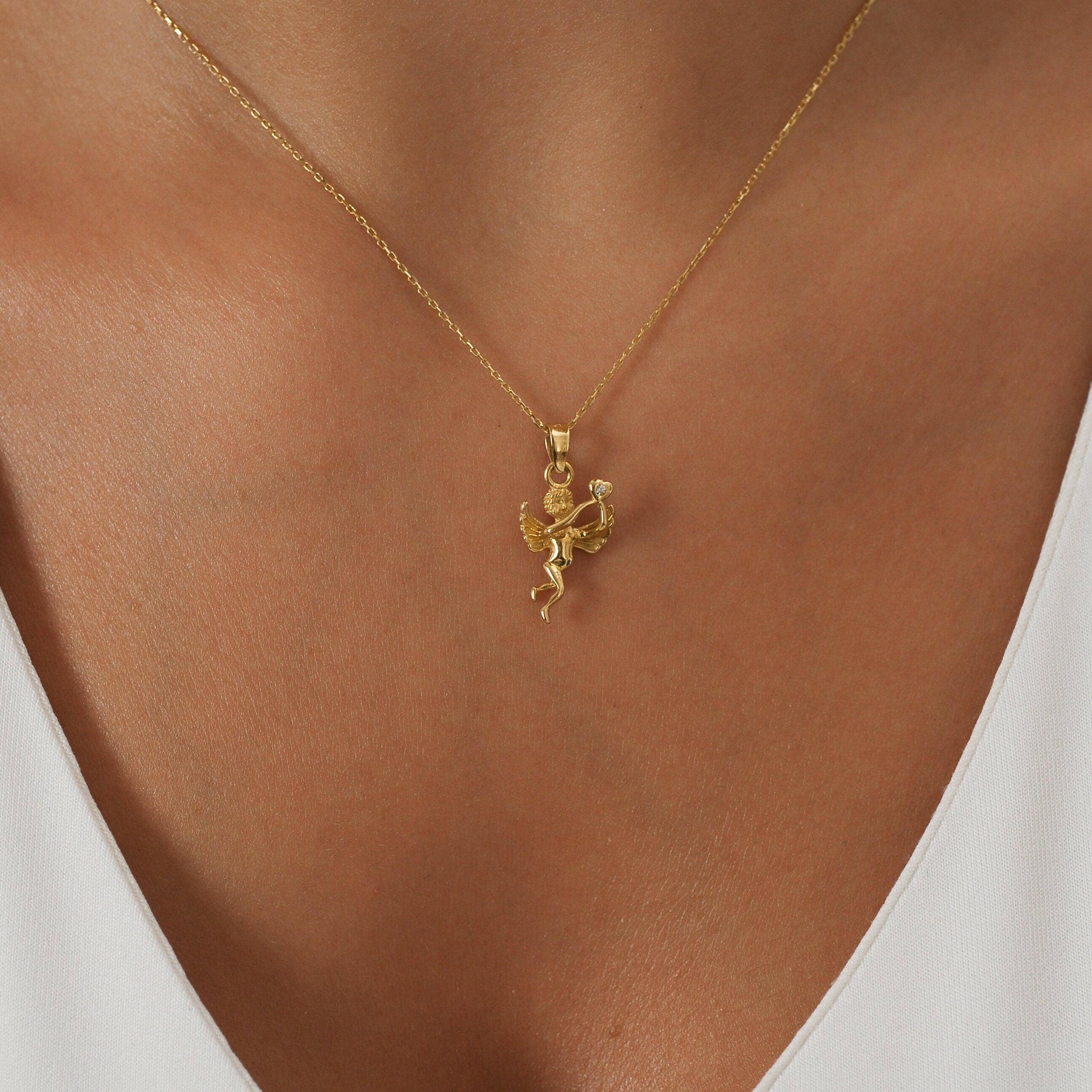 Guardian Angel Necklace | 14K Solid Gold - Mionza Jewelry-Angel Necklace, Angel Pendant, Angel Wings, Angelita necklace, Baby Angel Necklace, Bereavement Gift, Cherub Necklace, Good Luck Charm, Guardian Angel, Protection Necklace, Protector Angel, Remembrance Necklace, Sympathy Gift