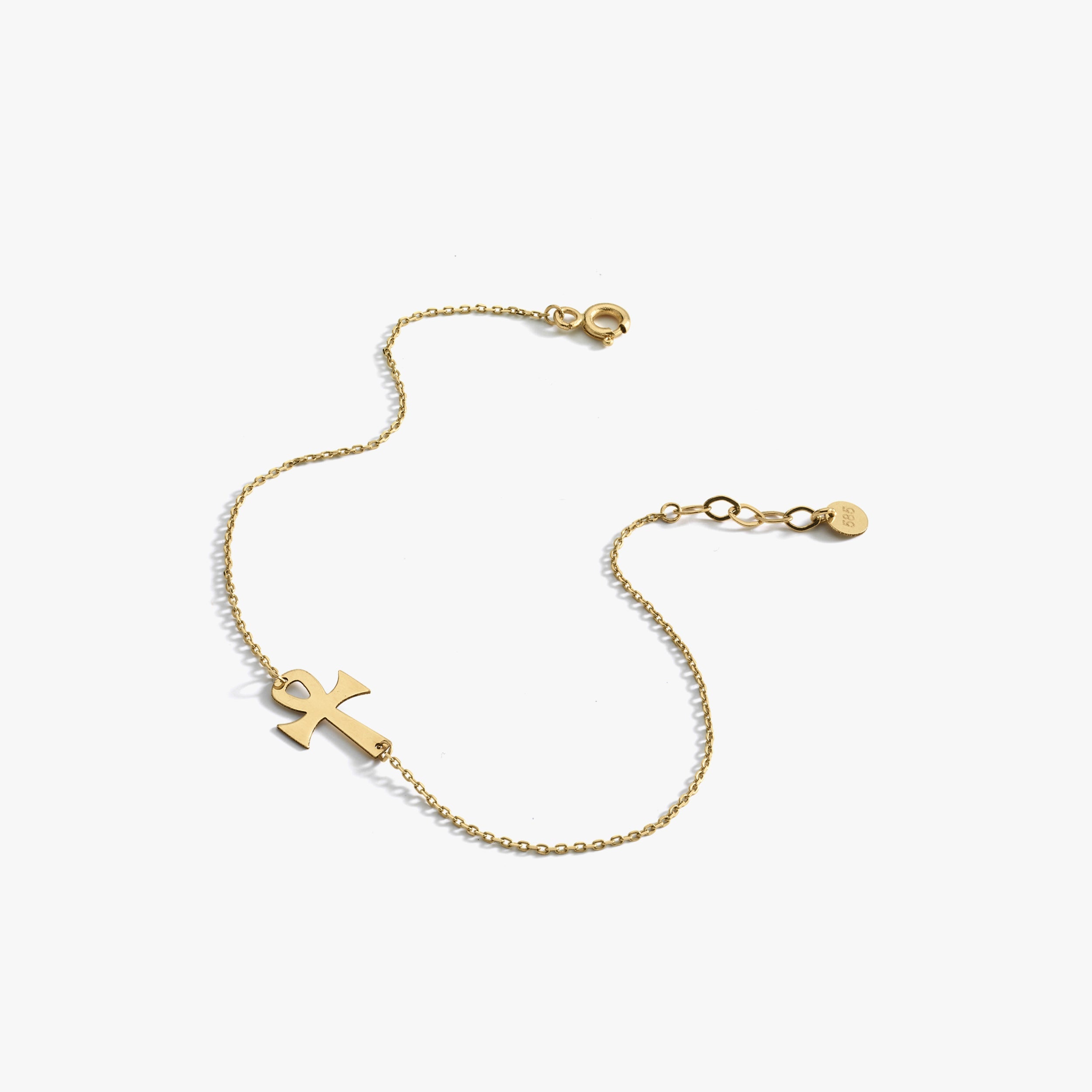 Ankh Bracelet | 14K Solid Gold - Mionza Jewelry-14k Gold Bracelet, BAPTISM GIFT, Charm cross bracelet, Cross bracelet, cross sideways, Crucifix Bracelets, dainty cross, Everyday Bracelet, first birthday gift, Gold Dainty Bracelet, minimalist cross, Solid Gold Bracelet, Tiny Cross Bracelet