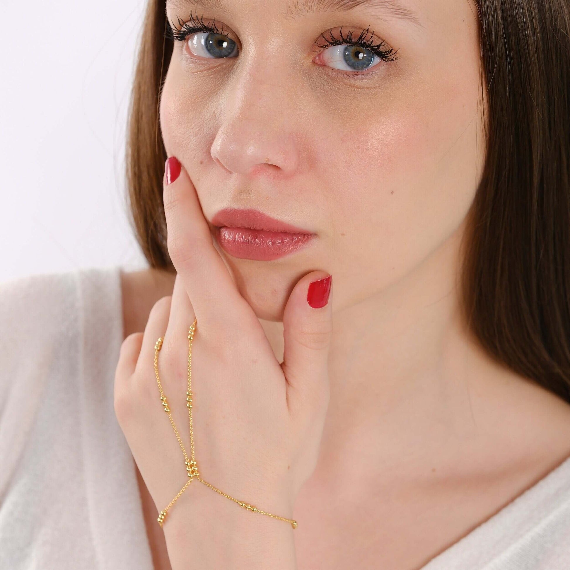 Beaded Hand Chain Bracelet | 18K Gold Vermeil - Mionza Jewelry-18k solid gold, beaded bracelet, body chain, chain bracelet, chain ring, finger bracelet, gold ring bracelet, hand bracelet, hand chain, hand jewelry, hand ring bracelet, mothers day gift, slave bracelet