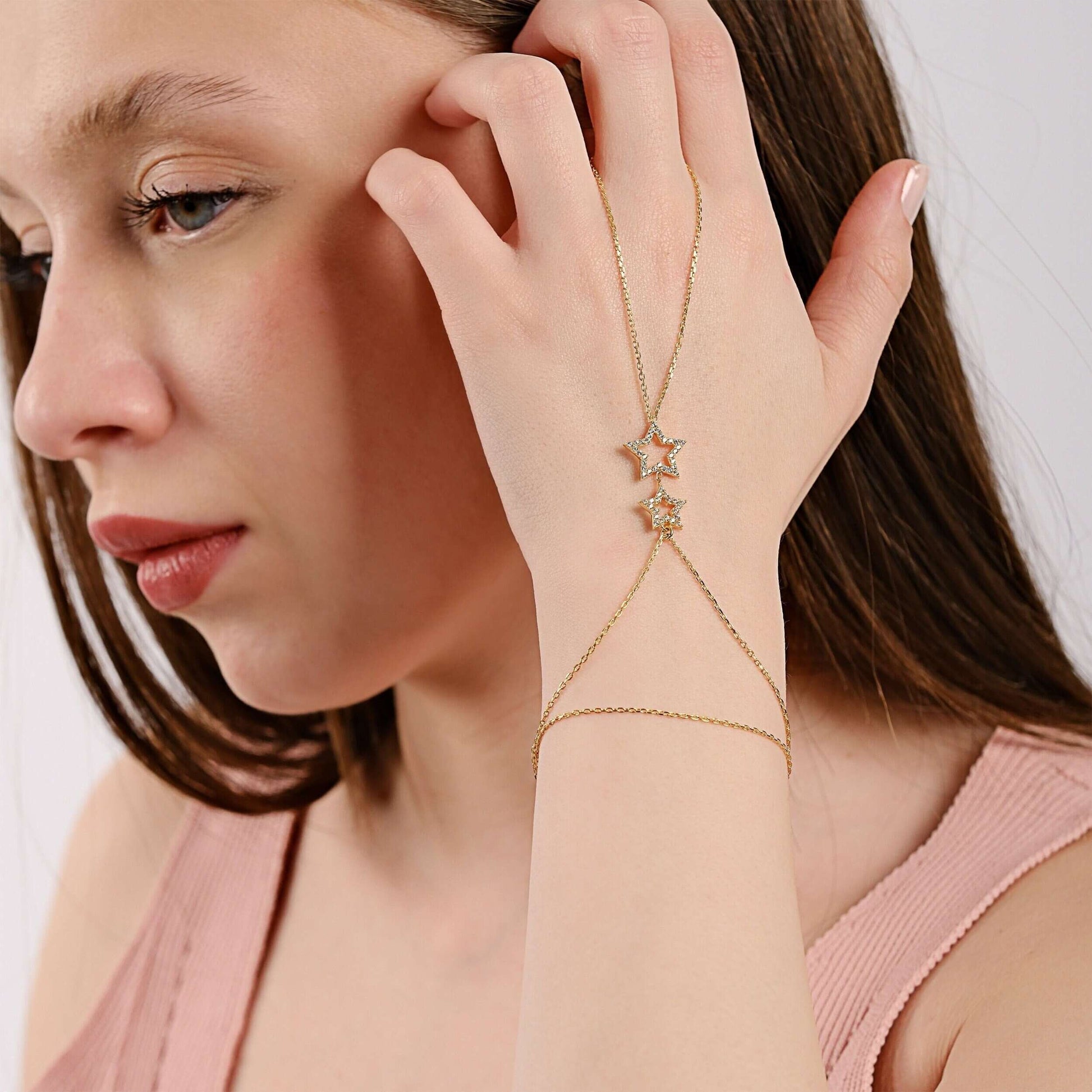 Hand Chain Bracelet with Stars| 18K Gold Vermeil - Mionza Jewelry-18k solid gold, adjustable bracelet, body chain, chain bracelet, finger bracelet, gold hand chain, hand bracelet, hand chain, hand jewelry, mothers day gift, ring bracelet, slave bracelet, star bracelet