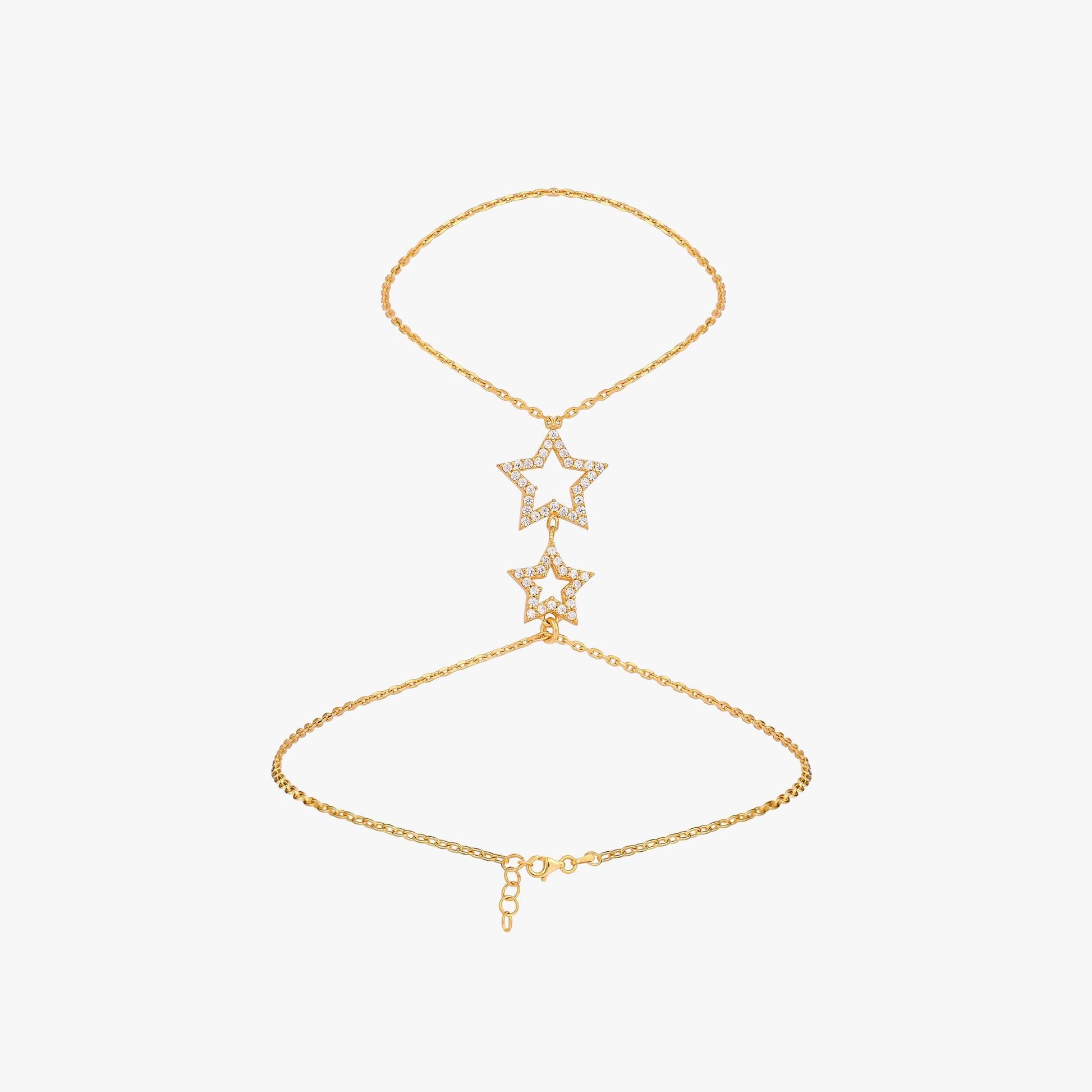 Hand Chain Bracelet with Stars| 18K Gold Vermeil - Mionza Jewelry-18k solid gold, adjustable bracelet, body chain, chain bracelet, finger bracelet, gold hand chain, hand bracelet, hand chain, hand jewelry, mothers day gift, ring bracelet, slave bracelet, star bracelet