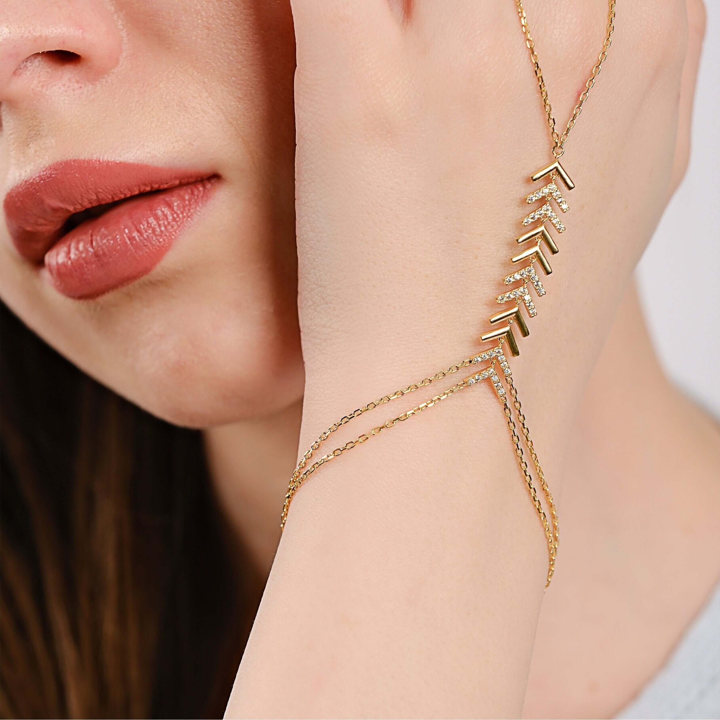 Hand Chain Bracelet| 18K Gold Vermeil - Mionza Jewelry-18k hand chain, adjustable bracelet, body chain, bridal jewelry, chain ring, chevron ring, diamond bracelet, diamond hand chain, gold hand chain, hand chain bracelet, hand jewelry, mothers day gift, slave bracelet