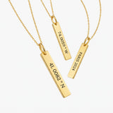 Gold vertical bar coordinates necklaces engraved with custom coordinates and dates