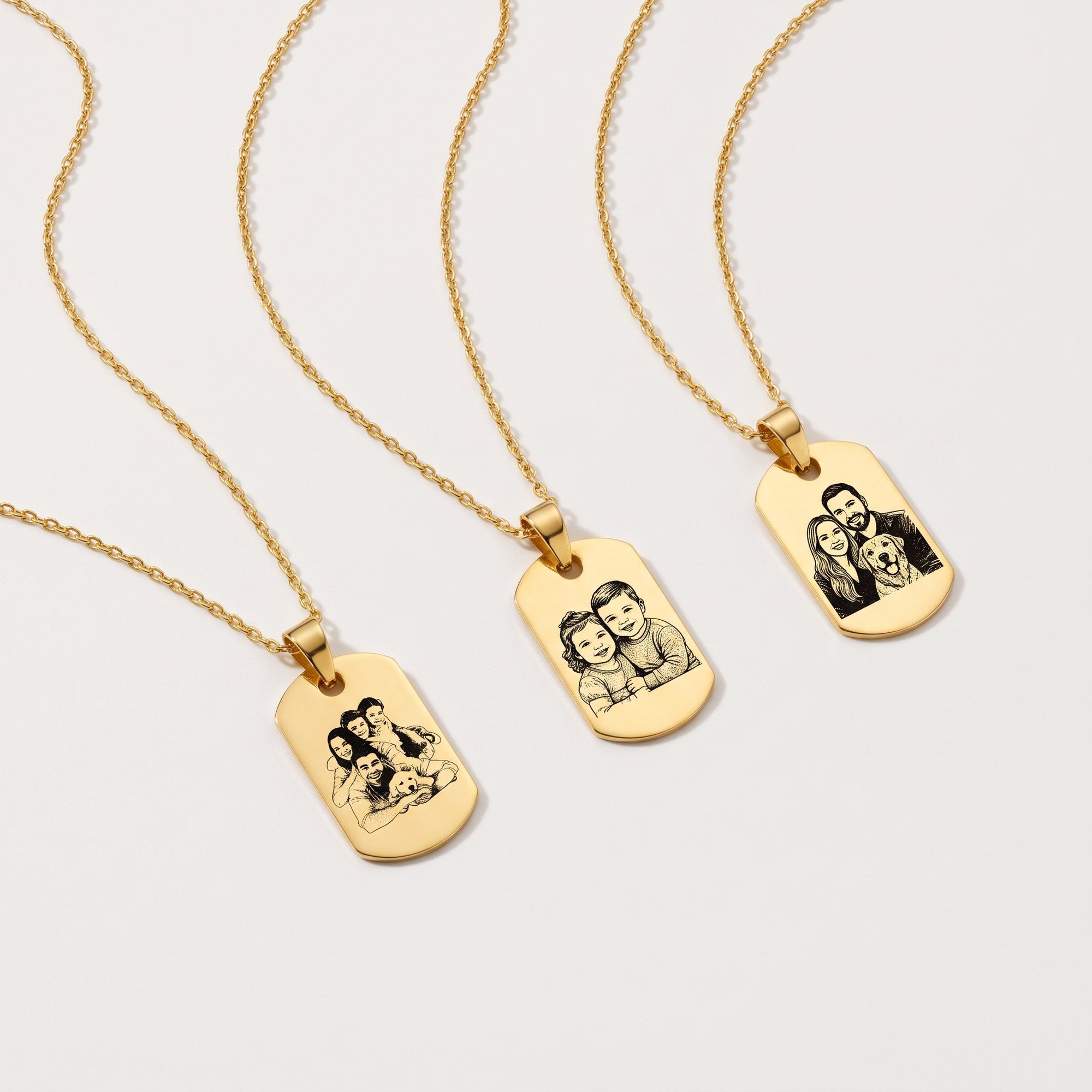 Gold photo engraved dog tag necklaces with custom family portraits