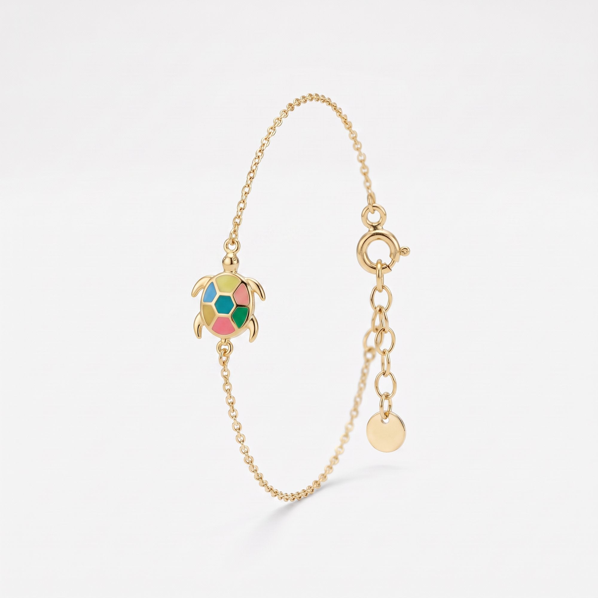 Gold turtle bracelet with a colorful enamel sea turtle charm, double-sided with an evil eye on the back, on a dainty chain
