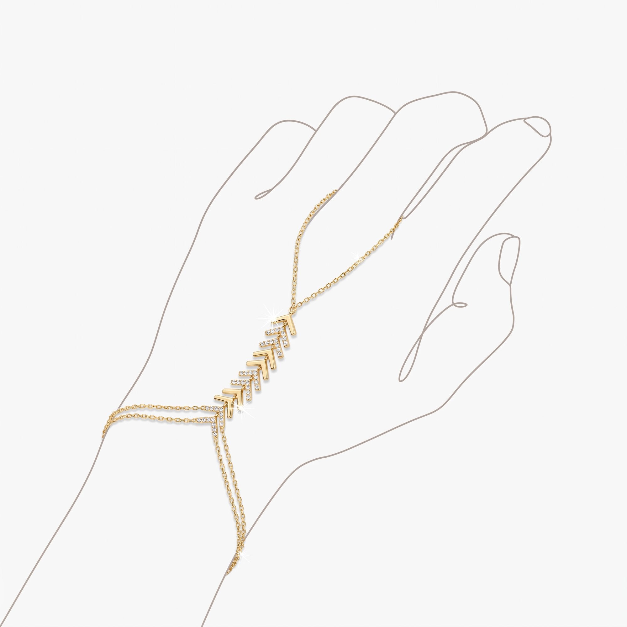 Gold hand chain bracelet with stacked chevron bars and cubic zirconia, a ring bracelet chain shown on a hand illustration