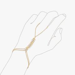 Gold hand chain bracelet with stacked chevron bars and cubic zirconia, a ring bracelet chain shown on a hand illustration