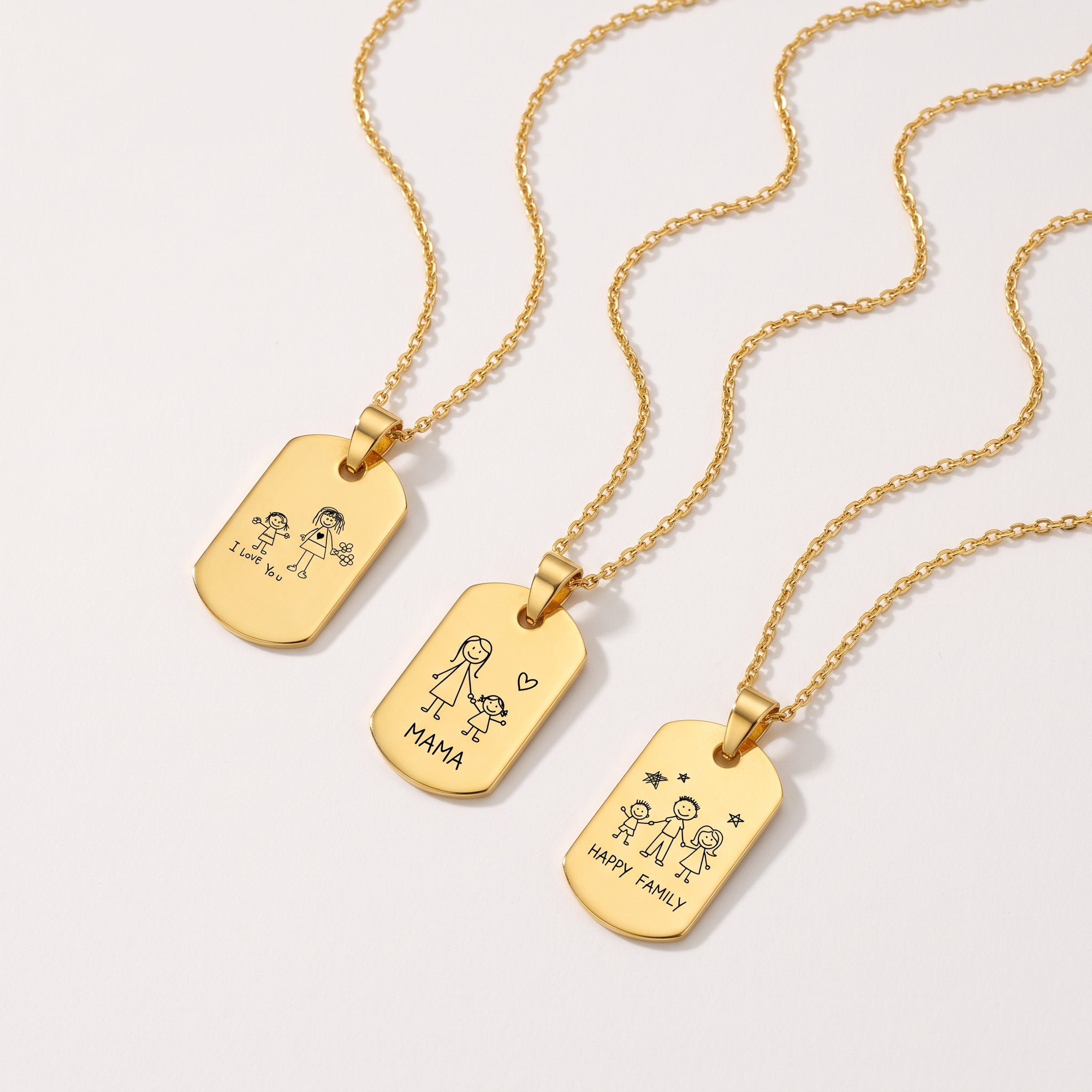 Gold kids handwriting necklaces engraved with children's drawings and Mama