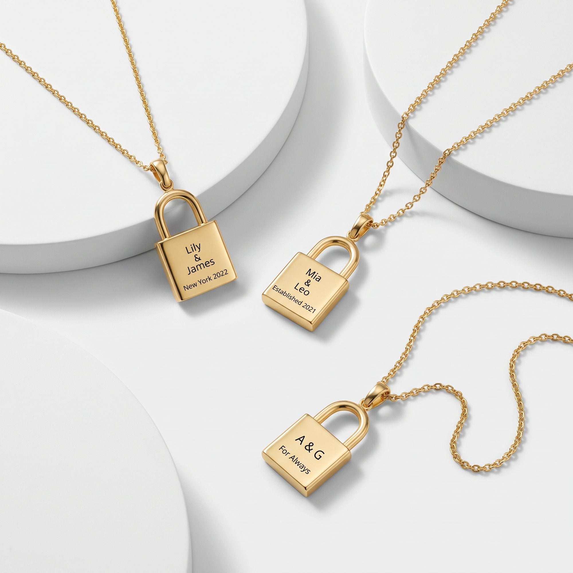 Personalized gold padlock locket necklaces engraved with names and dates