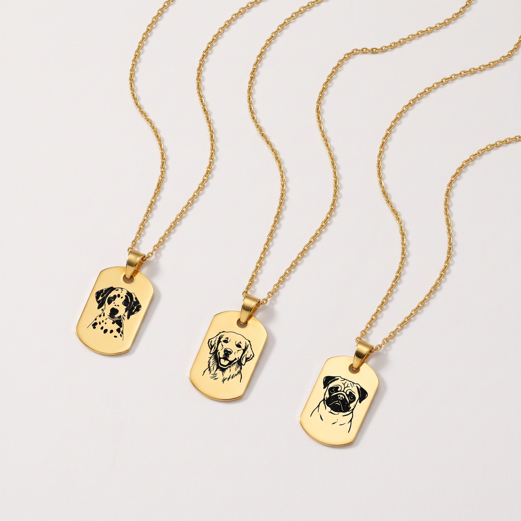Gold pet portrait necklaces engraved with custom dog photos