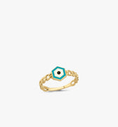 Evil Eye Chain Ring | 14K Solid Gold - Mionza Jewelry-14k gold eye ring, adjustable ring, birthday gift, blue evil eye ring, curb chain ring, evil eye gift, evil eye jewelry, evil eye ring gold, evil eye ring women, eye ring, gold chain ring, turkish evil eye, turkish eye ring