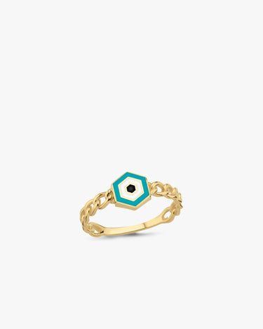 Evil Eye Chain Ring | 14K Solid Gold - Mionza Jewelry-14k gold eye ring, adjustable ring, birthday gift, blue evil eye ring, curb chain ring, evil eye gift, evil eye jewelry, evil eye ring gold, evil eye ring women, eye ring, gold chain ring, turkish evil eye, turkish eye ring