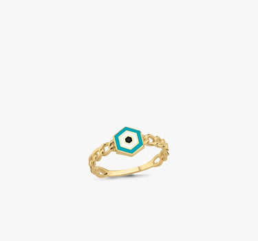 Evil Eye Chain Ring | 14K Solid Gold - Mionza Jewelry-14k gold eye ring, adjustable ring, birthday gift, blue evil eye ring, curb chain ring, evil eye gift, evil eye jewelry, evil eye ring gold, evil eye ring women, eye ring, gold chain ring, turkish evil eye, turkish eye ring