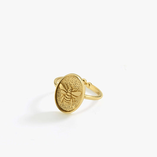 Bee Ring | 14K Gold Vermeil - Mionza Jewelry-14k gold vermeil, animal jewelry rings, bee jewelry, bee ring for women, bee ring gold, bumblebee jewelry, gift for her, gold bee ring, gold signet ring, honey bee jewelry, jewellery with bees, mothers day gift, open ring