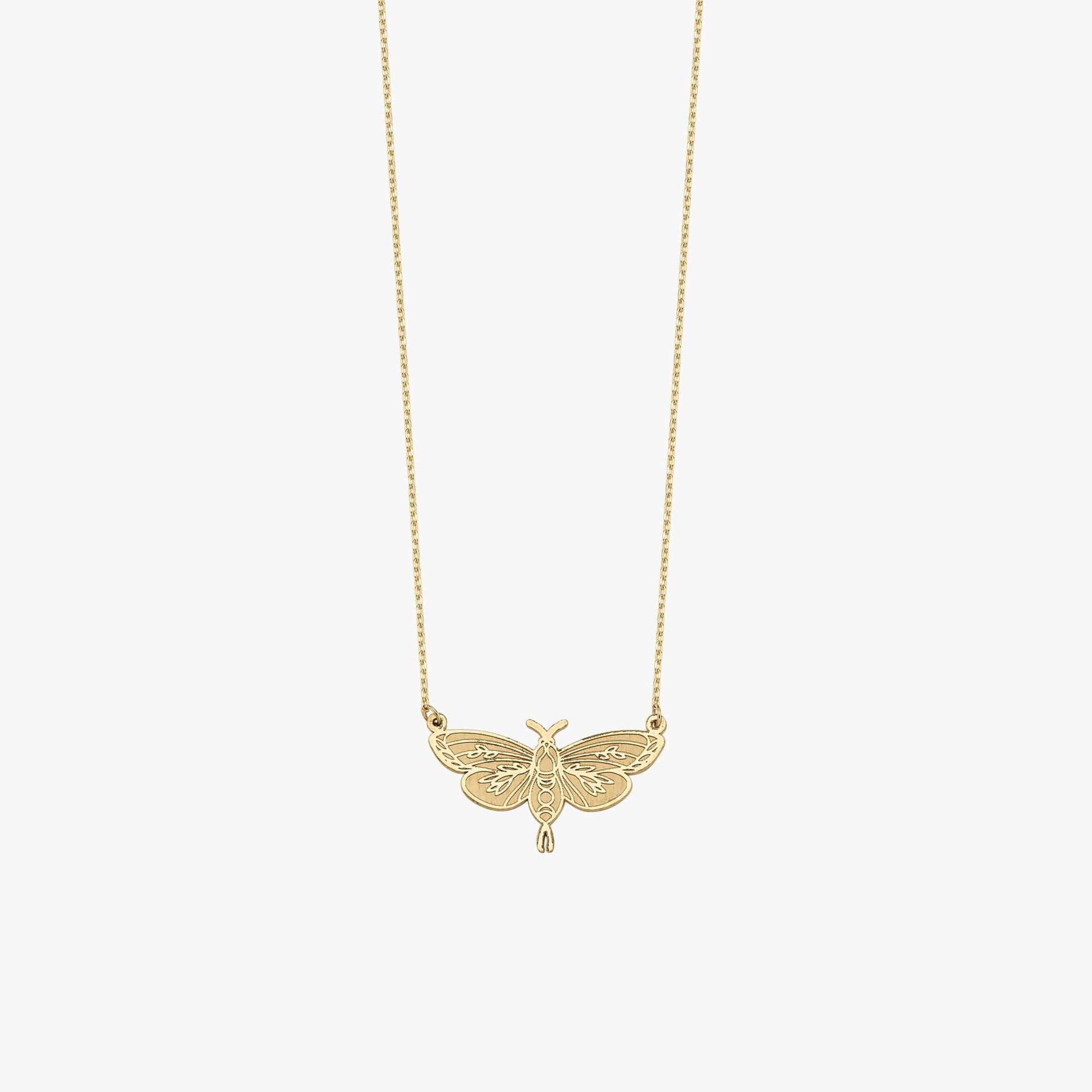 Moth Necklace | 14K Solid Gold - Mionza Jewelry-bug jewelry, halloween gifts, halloween jewelry, halloween necklace, luna moth jewelry, luna moth necklace, moth earrings, moth jewelry, moth necklace, moth wings necklace, silver goth necklace, silver moth jewelry, silver moth necklace