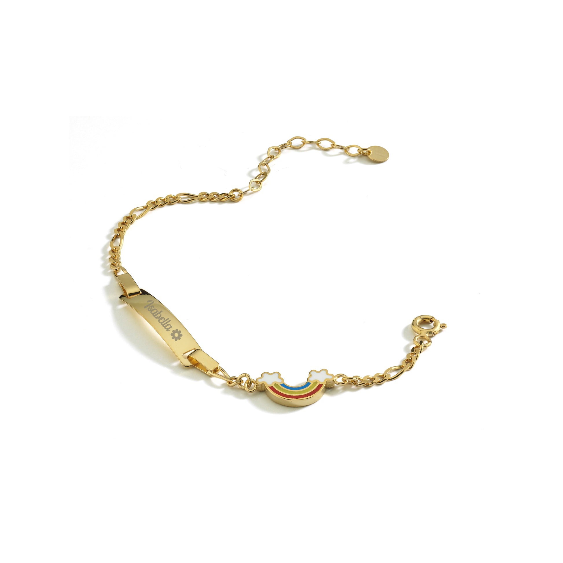 Gold baby bracelet with a rainbow charm on a white background
