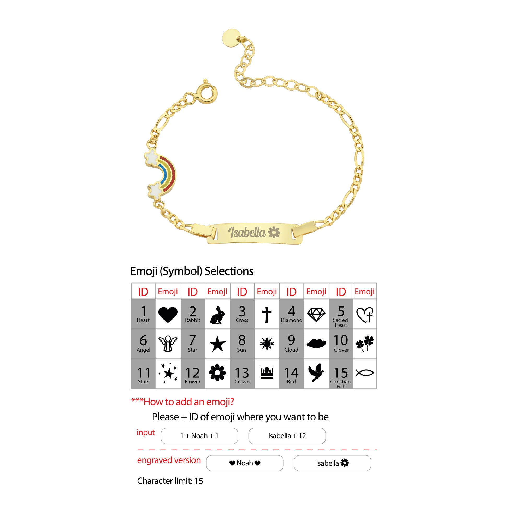 Gold baby bracelet with emoji symbol selection on a white background