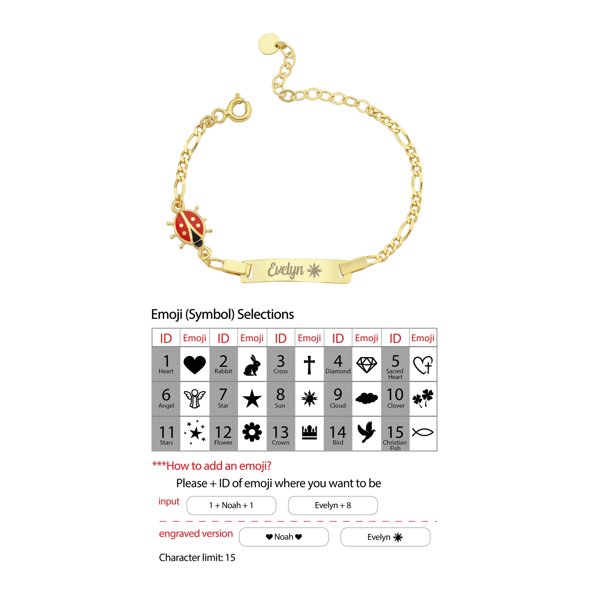 Gold baby bracelet with a ladybug charm and emoji selection chart on a white background