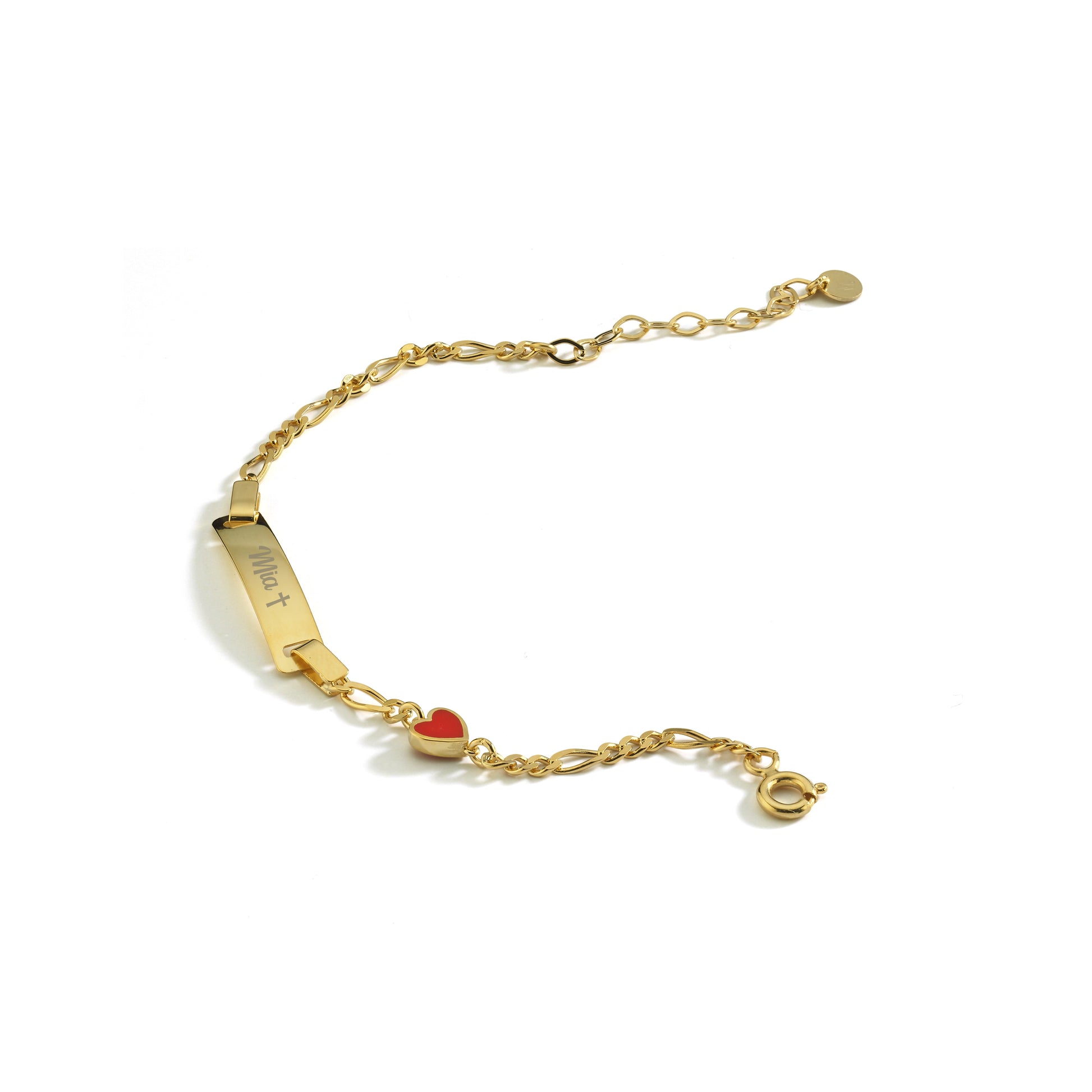 Gold baby id bracelet with a heart charm on a white background