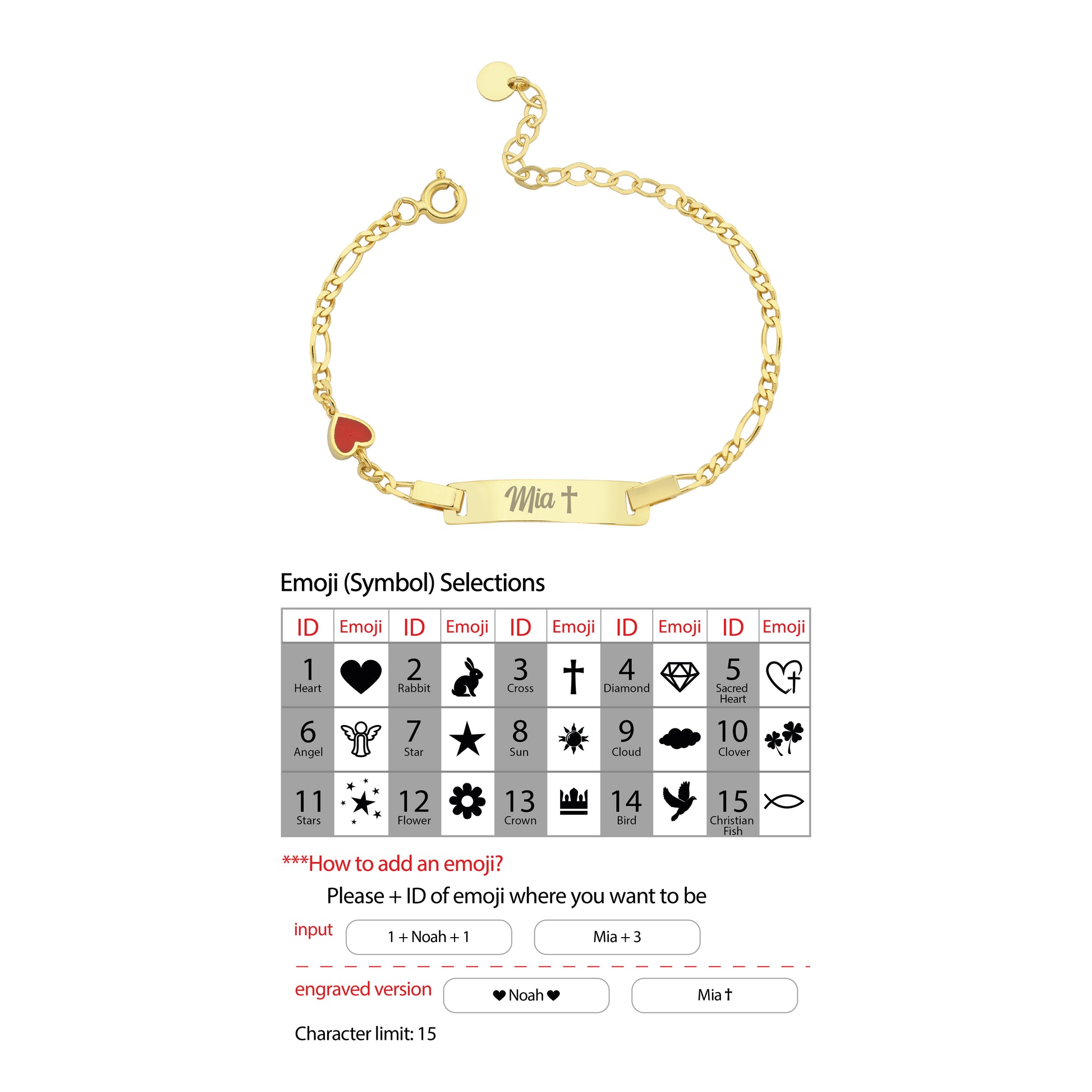 Gold baby id bracelet with emoji symbol selections on a white background
