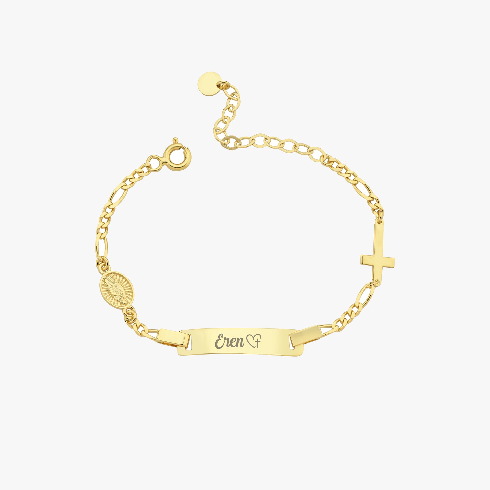 Gold baby bracelet with nameplate and cross on a white background