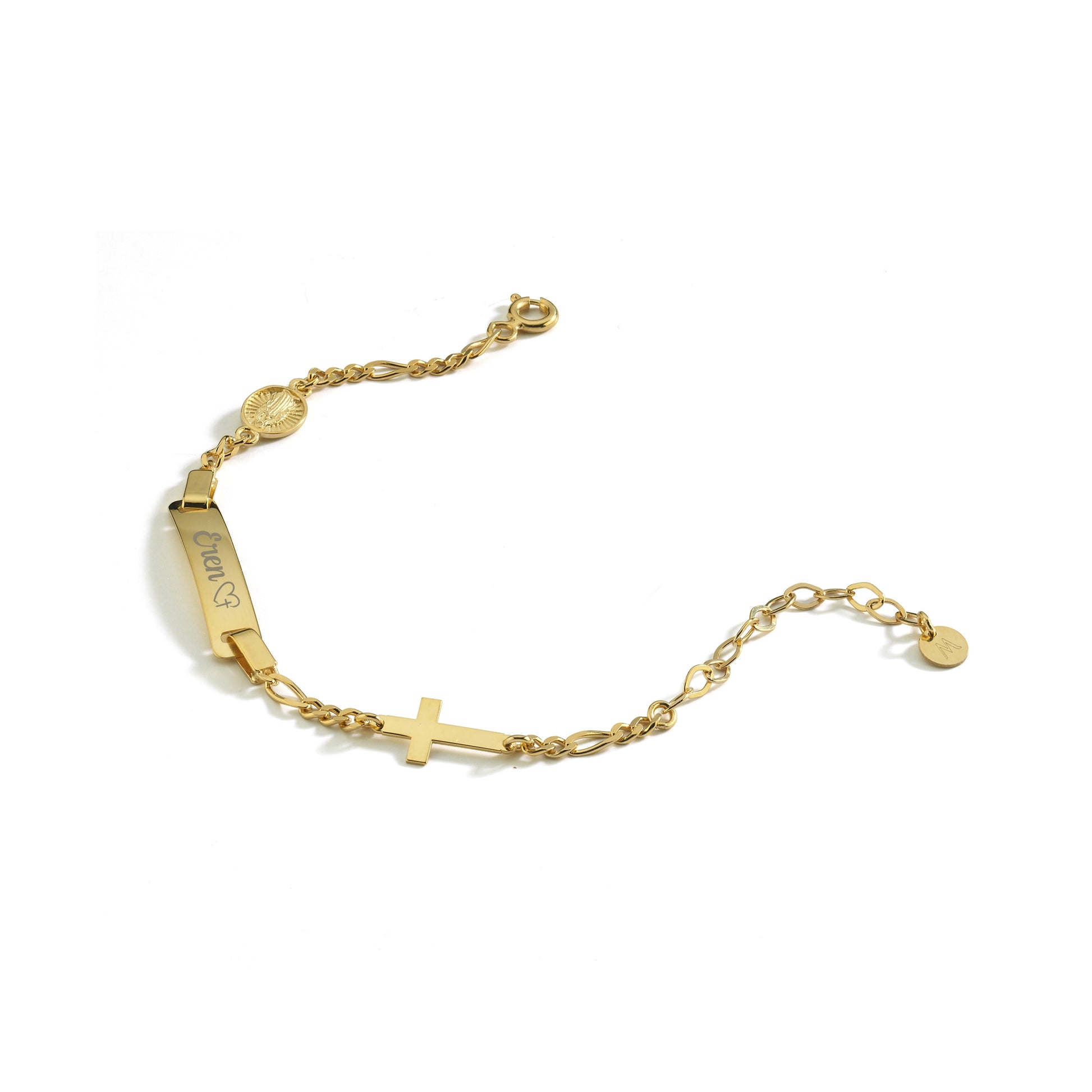 Gold bracelet with various charms on a white background