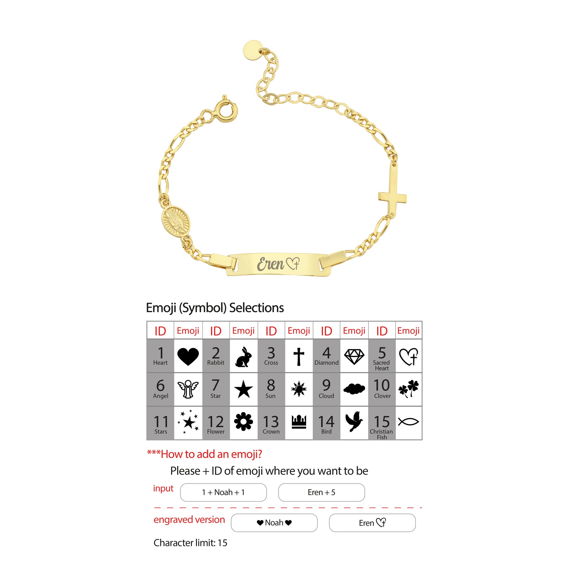 Gold bracelet with emoji symbol selections on a white background