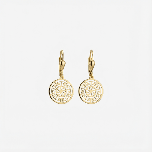 Greek Key Leverback Earrings | 14K Solid Gold