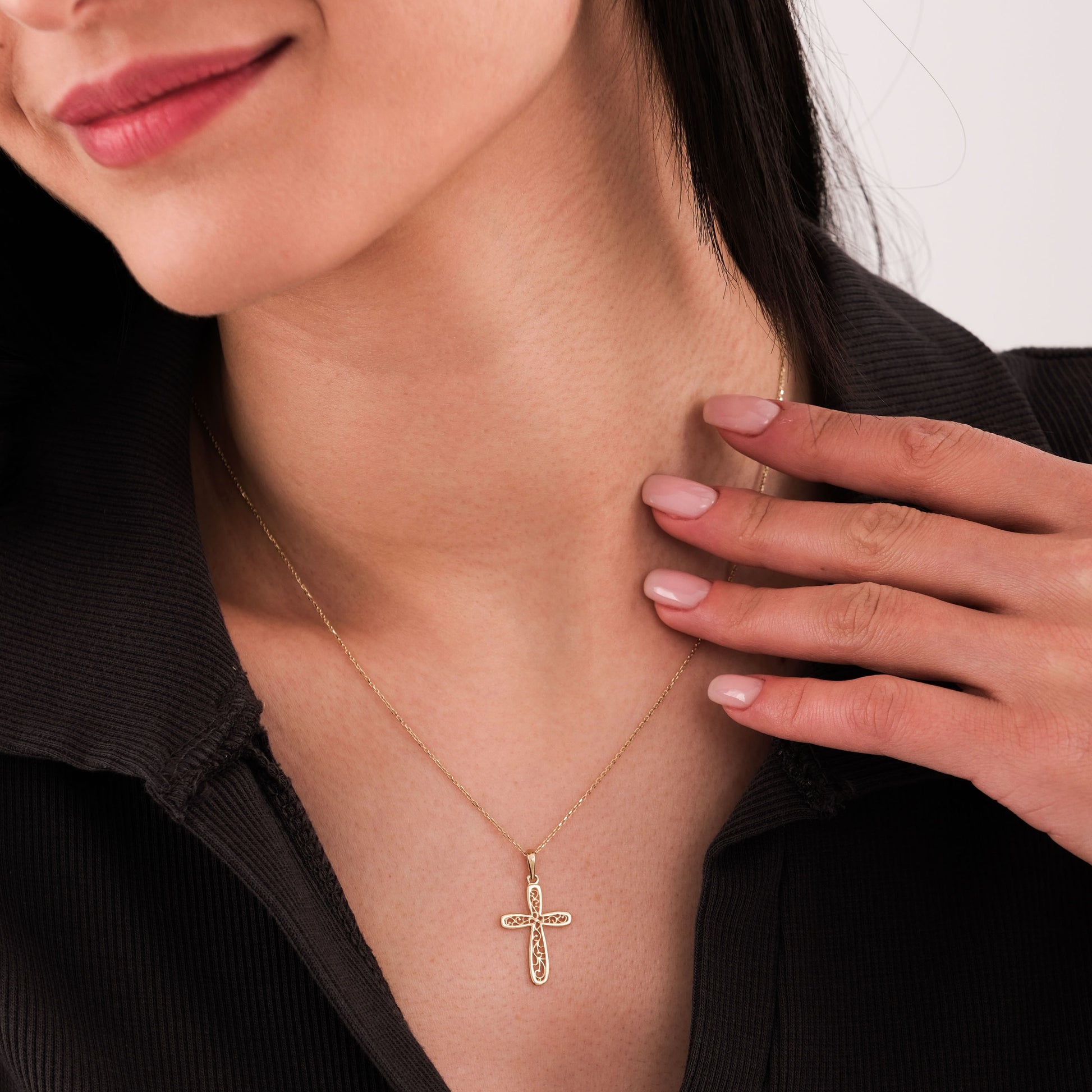 Floral Cross Necklace | 14K Solid Gold