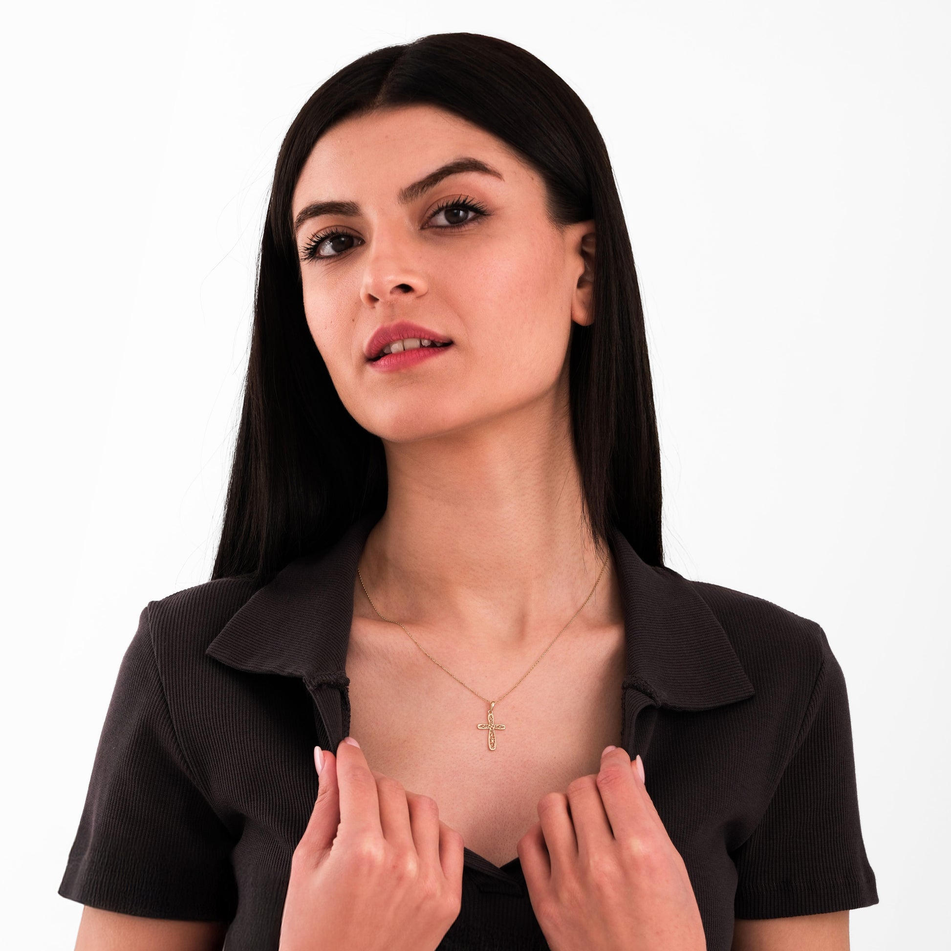 Floral Cross Necklace | 14K Solid Gold