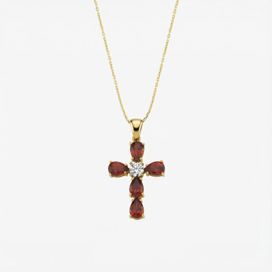 Garnet Cross Necklace | 14K Solid Gold