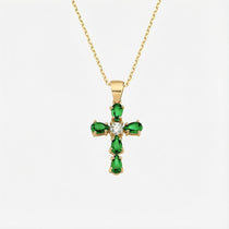 Emerald Cross Necklace in 14K Solid Gold