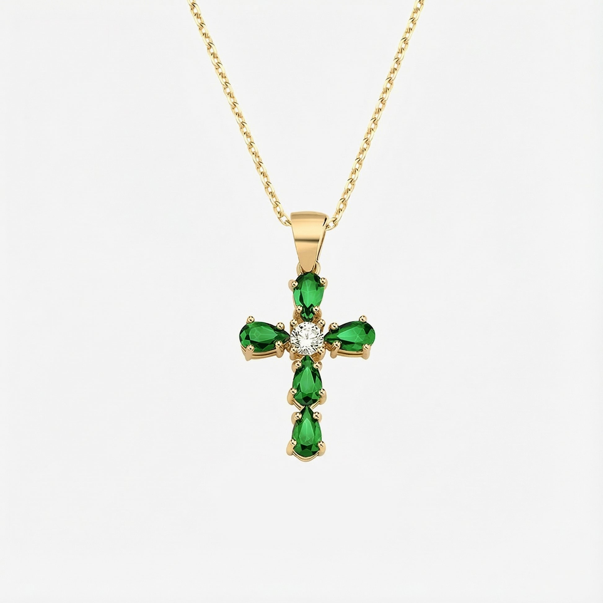 Emerald Cross Necklace | 14K Solid Gold