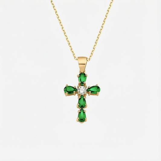 Emerald Cross Necklace | 14K Solid Gold