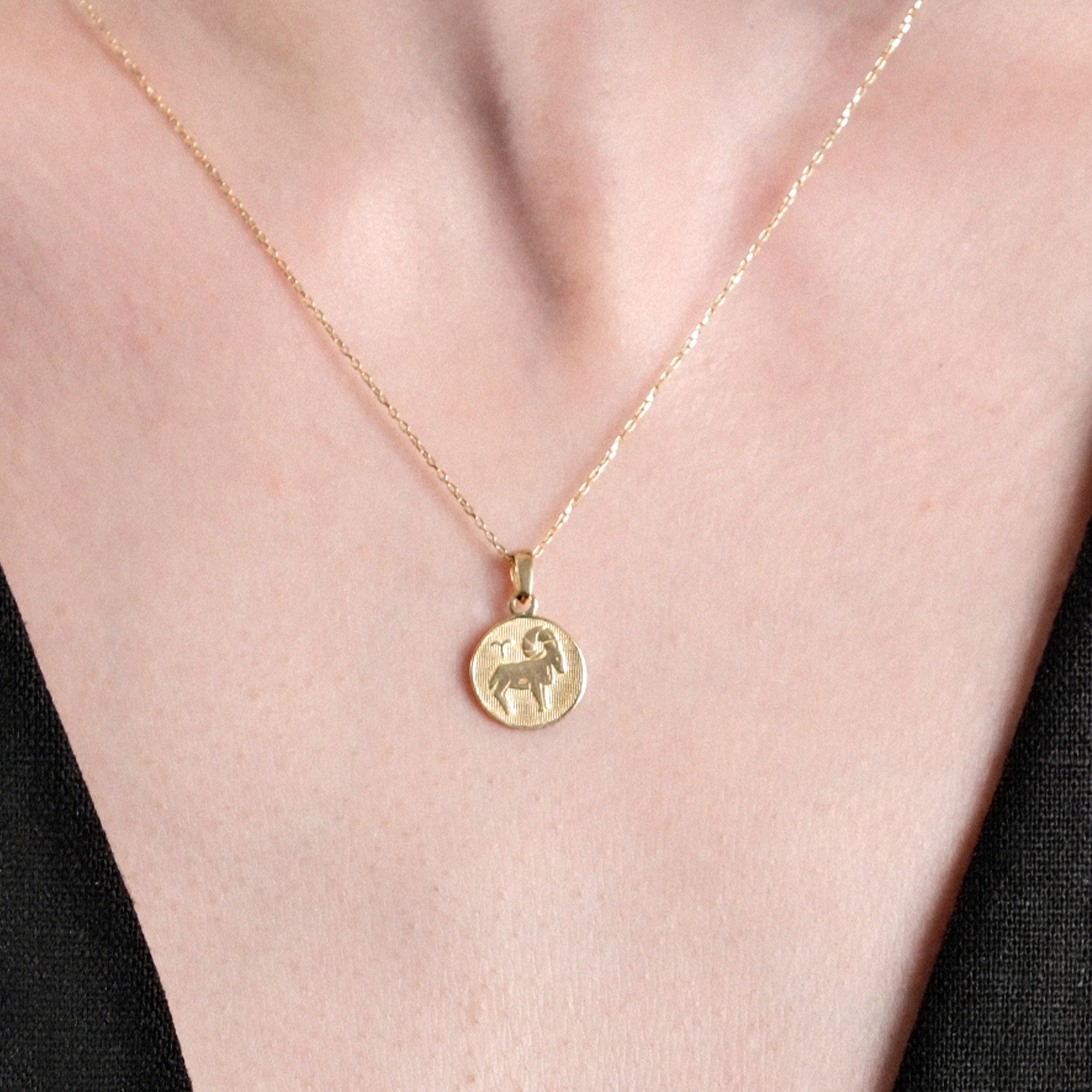Gold pendant necklace with horse design on woman's neck, featuring delicate chain and elegant round charm.