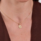 Gold necklace with round pendant featuring a horse design, worn with a brown V-neck sweater.