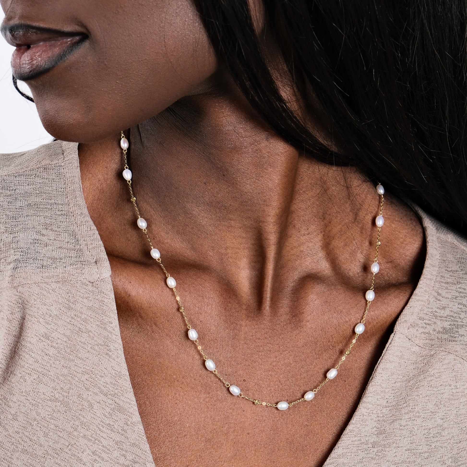 Freshwater Pearl Station Necklace | 14K Solid Gold