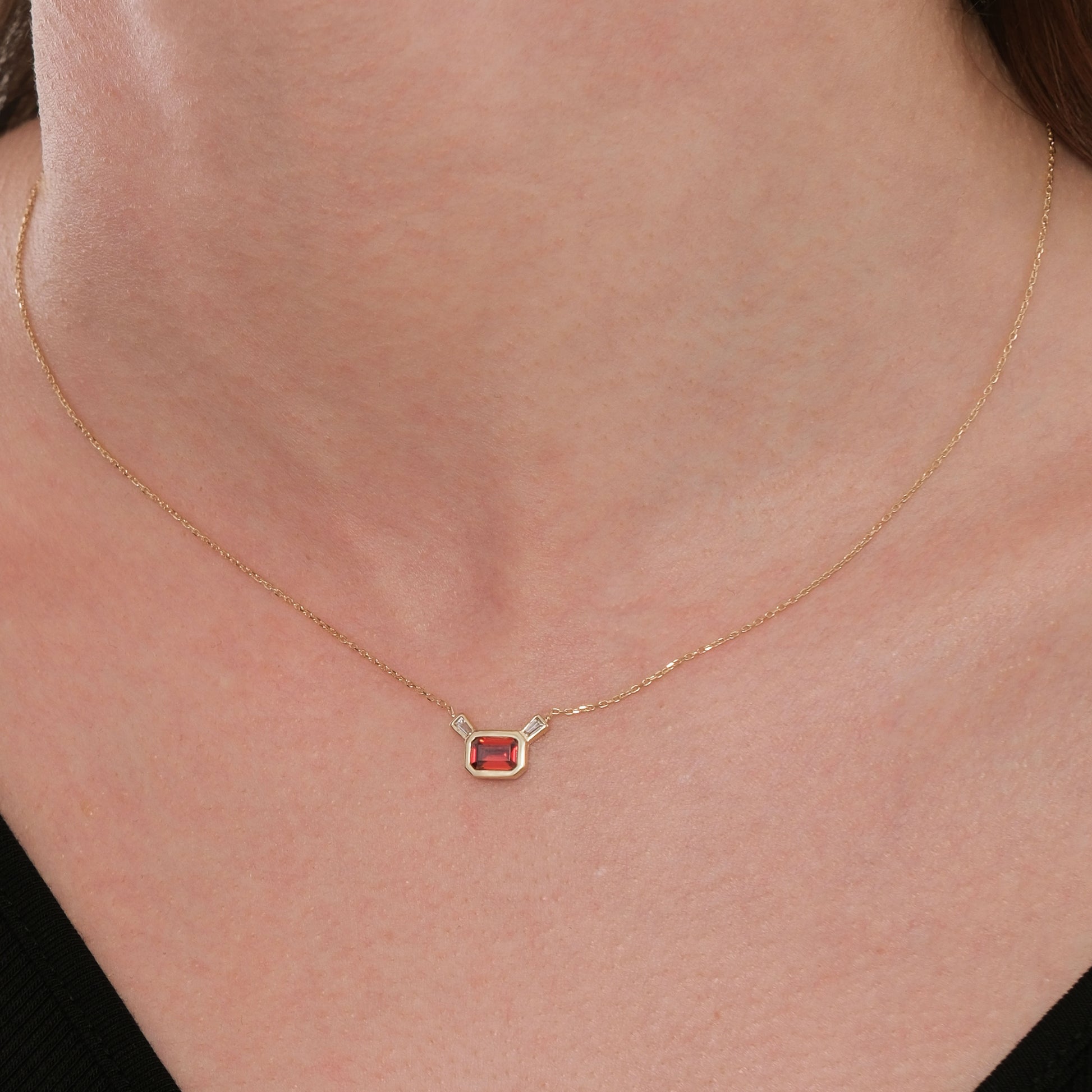 Baguette Cut Garnet Necklace | 14K Solid Gold