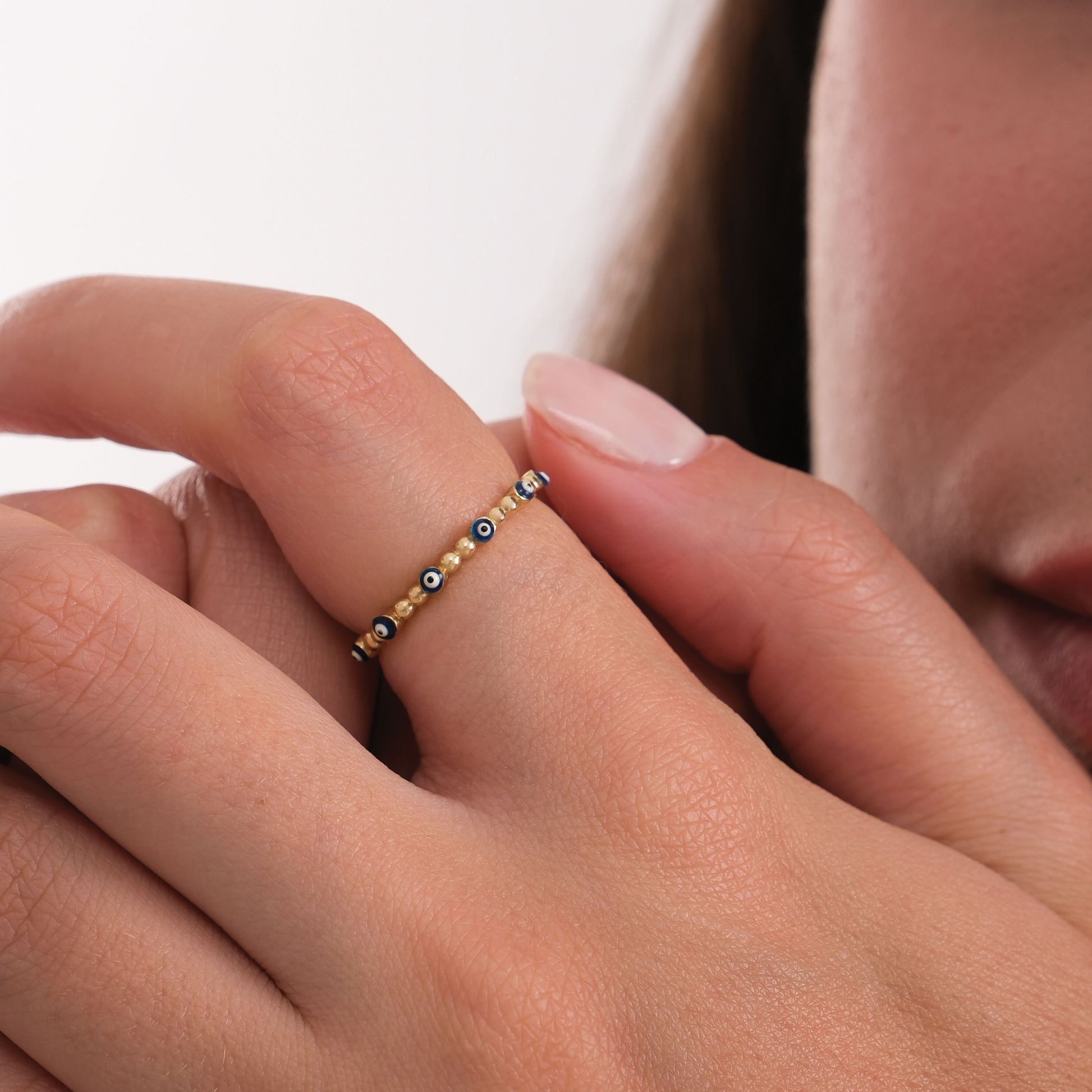 Beaded Evil Eye Ring | 14K Solid Gold