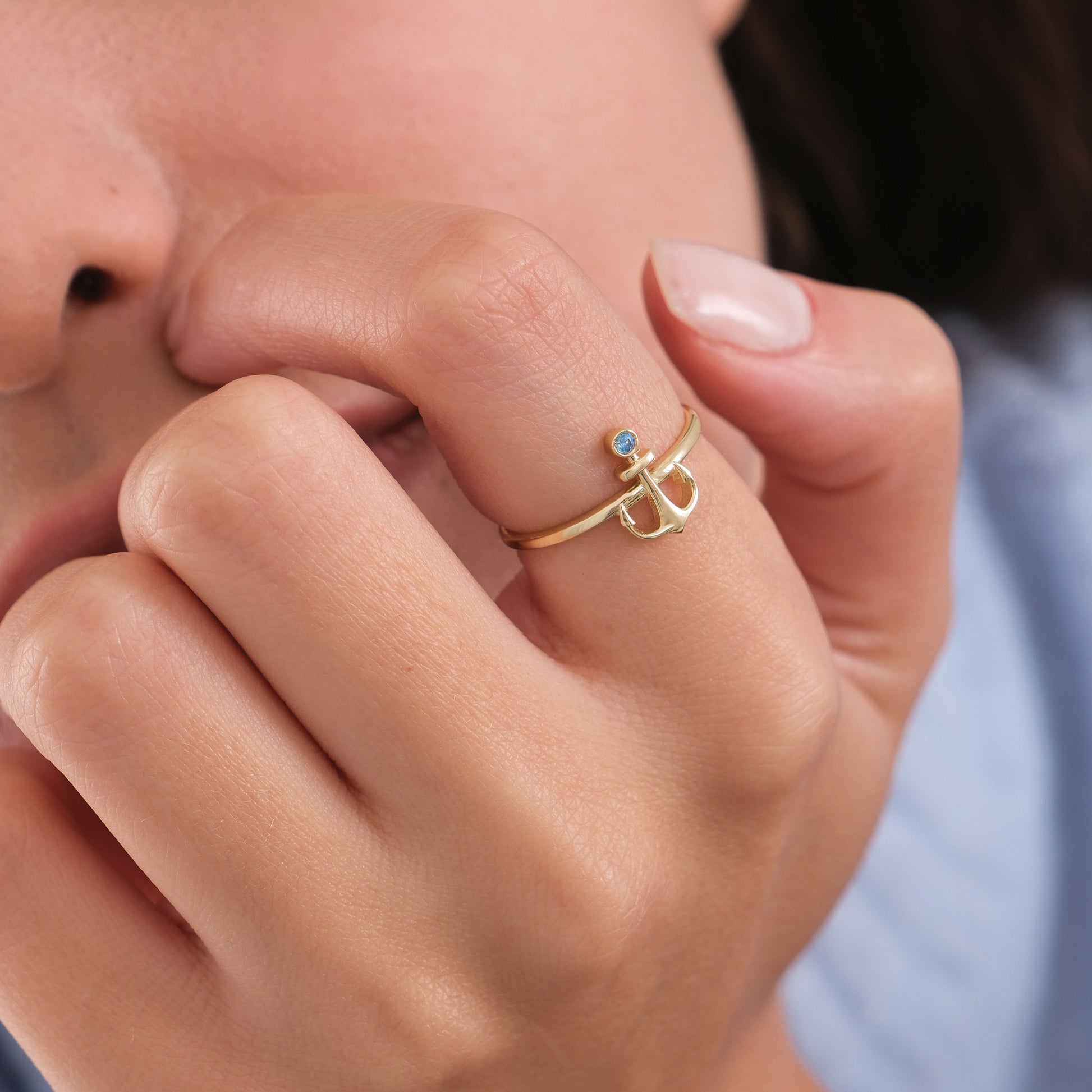 Anchor Ring with Blue Topaz | 14K Solid Gold