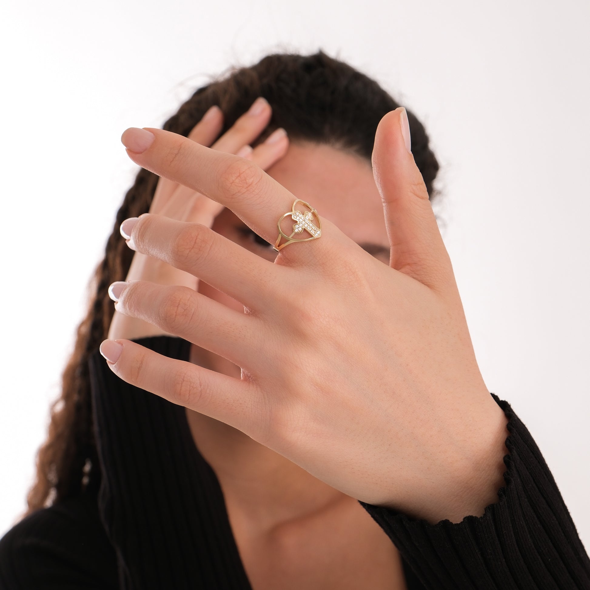 Pave Cross in Heart Ring | 14K Solid Gold