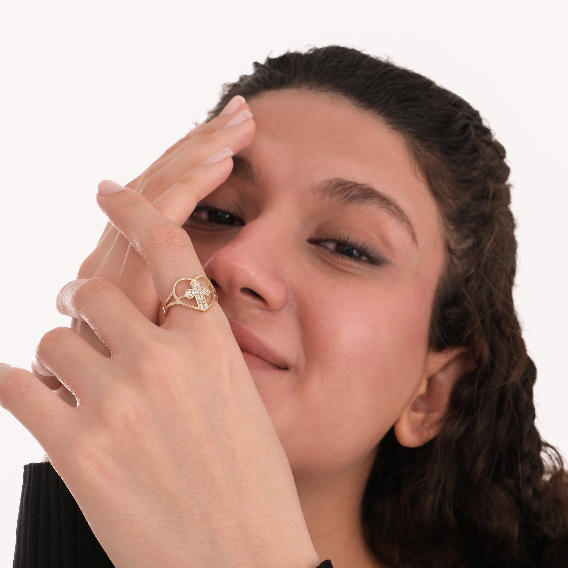 Pave Cross in Heart Ring | 14K Solid Gold