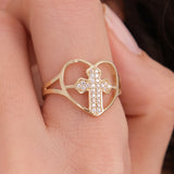 Pave Cross in Heart Ring | 14K Solid Gold