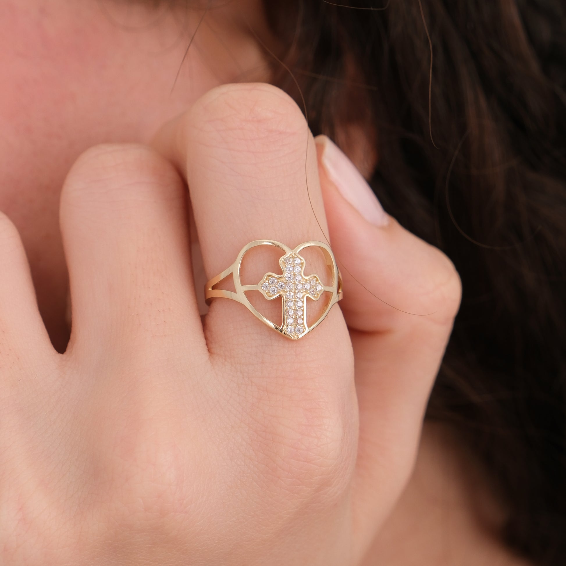 Pave Cross in Heart Ring | 14K Solid Gold