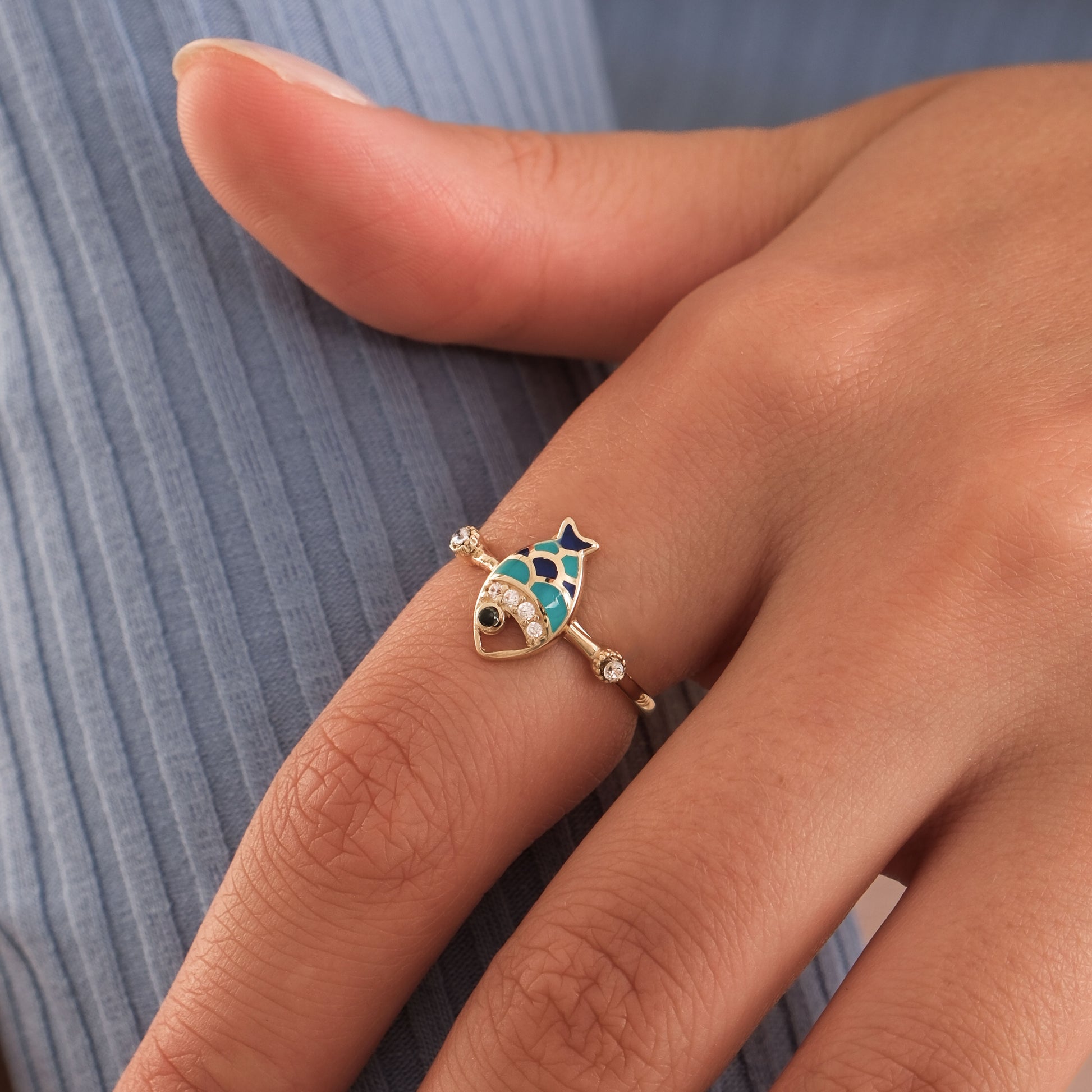 Turquoise Fish Ring | 14K Solid Gold