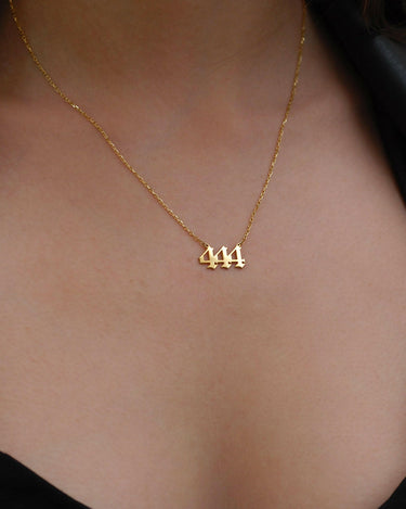 444 Necklace | 14K Solid Gold - Mionza Jewelry-555 necklace, 888 necklace, Angel Necklace, Angel Pendant, Angel Wings, Angelita necklace, Baby Angel Necklace, gold number necklace, Good Luck Charm, Guardian Angel, number necklace, protection necklace, Remembrance Necklace