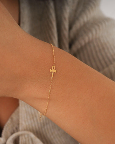 Ankh Bracelet | 14K Solid Gold - Mionza Jewelry-14k Gold Bracelet, BAPTISM GIFT, Charm cross bracelet, Cross bracelet, cross sideways, Crucifix Bracelets, dainty cross, Everyday Bracelet, first birthday gift, Gold Dainty Bracelet, minimalist cross, Solid Gold Bracelet, Tiny Cross Bracelet